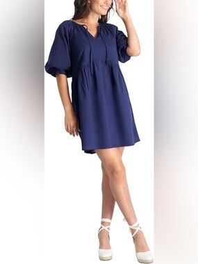 Stella Parker Navy Blue Babydoll Puff Sleeve Cotton Dress Small